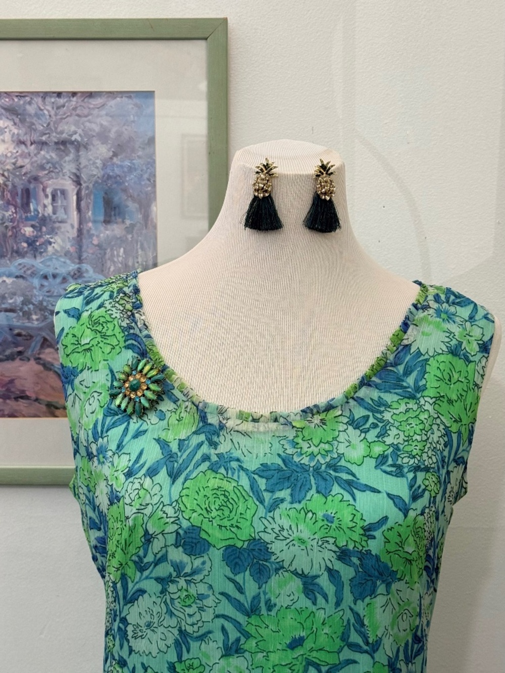 90's J. Peterman, Floral, Blue and Green, Whimsical Dress. Romantic. Nostalgic.